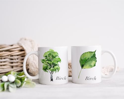 Birch Tree Ceramic Mug - Tree Lover Gift - Nature Watercolor Art Cup - Forest Leaves Identification, 11 Oz Coffee Mug