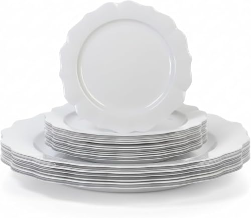 Luxia 20Pcs White Lotus Plastic Plate Set – Reusable 10 Dinner & 10 Dessert Plates, Hard Plastic Plates for Parties, Weddings, Birthday Events, Elegant Party Tableware