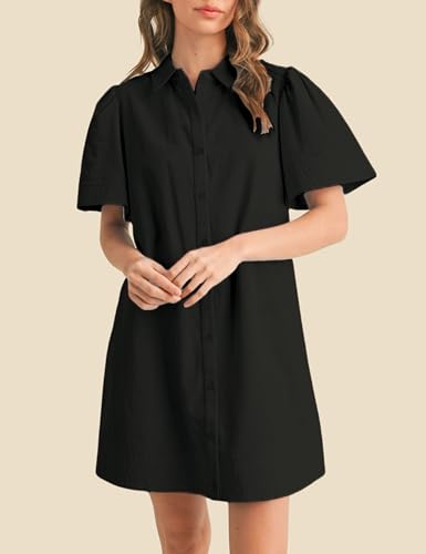 Image of Womens Short Sleeve Button Down Mini Shirt Dress Lapel Collar Short Dresses with Pocket