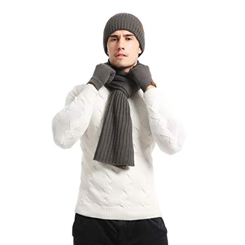 Winter Hats Scarf for Men with Touchscreen Gloves Set Warm Men's Beanie Hats Thermal Gloves and Long Scaves Grey — view 4