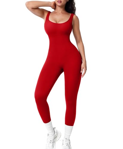 Popilush Bright Red Jumpsuits for Women Built-In Bra Square Neck Ribbed Bodycon Workout Seamless Leggings Rompers Bodysuitst