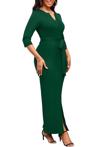 Image of Nmoder Long Maxi Dress for Women, Pencil Church Bodycon Dress Front Split | 3 /4 sleeve v neck, curvy tea party work semi formal cocktail funeral date bridesmaid dress, colorblock, m-3xl