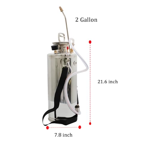 LiGuVCY Heavy Duty Stainless Steel Sprayer, 2 Gallon Pump Sprayer, 8L Stainless Hand Pump Sprayer for Lawn, Garden Watering, Floor Cleaning (20 Wand & 3FT, Silver)