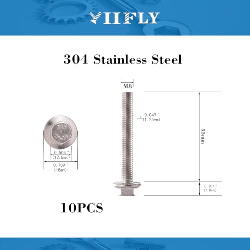 Image of M8x1.25 x 55mm Flanged Hex Head Bolts, 304 Stainless Steel (A2-70), Bright Finish, Fully Threaded, Hexagon Head Flange Bolts, Quantity 10