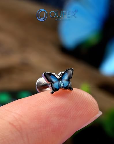 OUFER Butterfly Tragus Piercing Jewelry, 16G Flat Back Earrings Surgical Steel, Internal Thread Labret Lip Piercing Jewelry, 6MM Helix Cartilage Tragus Conch Healing Daith Earrings for Women-Blue/Pink4