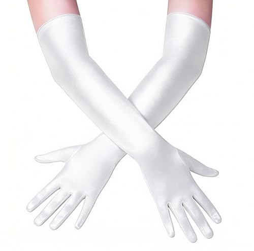 Papoopy Womens Long Opera Gloves 21-Inch Elbow Length Satin Gloves for 1920s Tea Party Wedding Cosplay Bridgerton Costume Dress - White