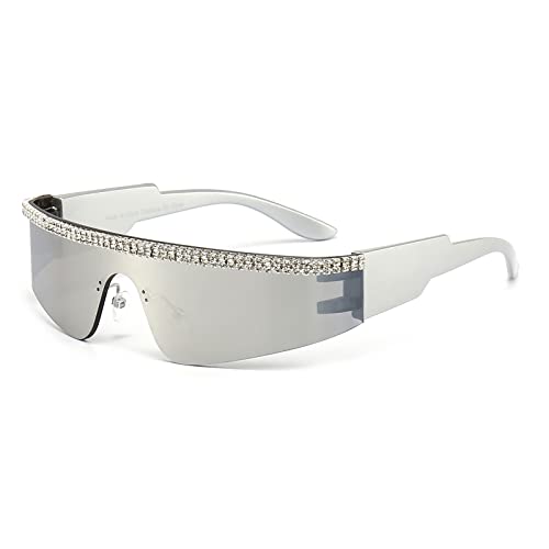 YAMEIZE Y2K Diamond Wrap Around Sunglasses - Rimless Futuristic Shield Frameless Rhinestone bling Sun Glasses for Women Men