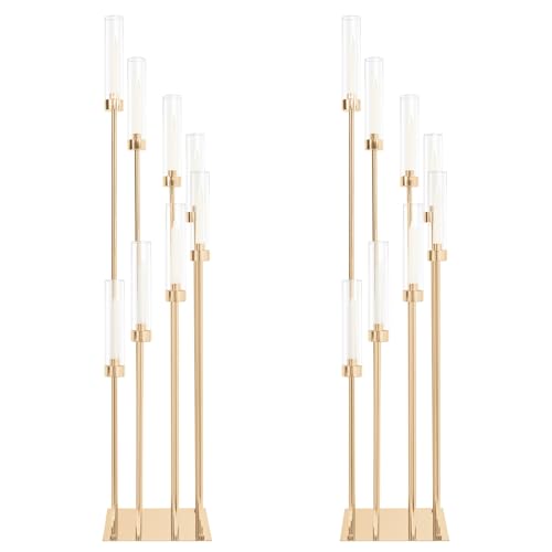 2 Sets Gold Candelabra,8 Arm Candlestick Holders with Acrylic Shades, 44'' High Large Floor Candle Holders for Wedding Centerpieces Table Decorations Fit 0.9" Candles and LED Taper Candles by FXKS - Used condition - US$74.79