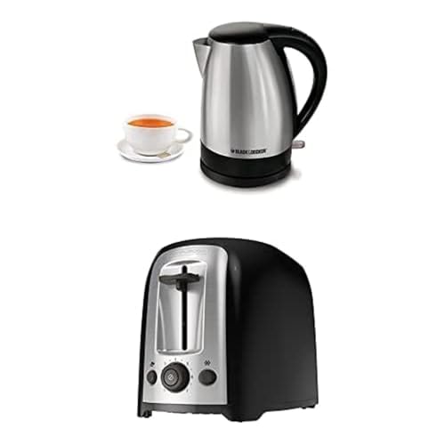 BLACK+DECKER - BLACK+DECKER Electric Kettle, Brushed Stainless Steel Tea Kettle, KE1518SD, Silver + 2-Slice Extra Wide Slot Toaster, Black with Stainless Steel Accents, TR1278B