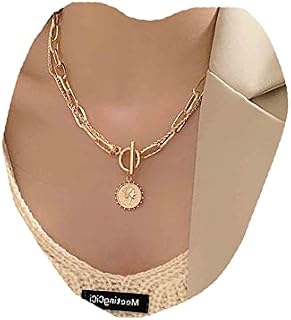 Yheakne Punk Layered Toggle Necklace Choker Gold Paperclip Chain Necklace Toggle Bar Clasp Necklace Vintage Coin Disc Pendant Necklace Chain Jewelry for Women and Girls Gift