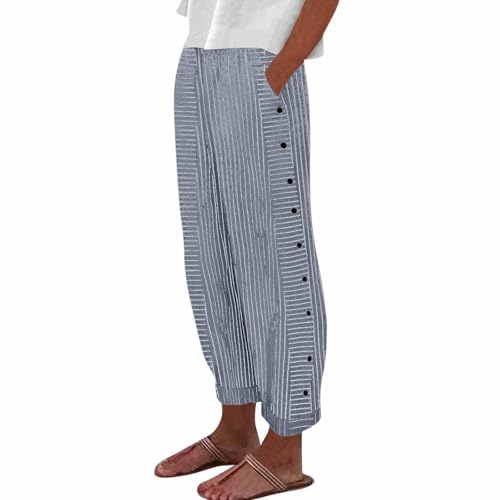 Blue Striped Linen Pants Women Capris Pants for Women Summer Casual Fashion Solid Colors Straight Wide Leg Cropped Pants with Pockets