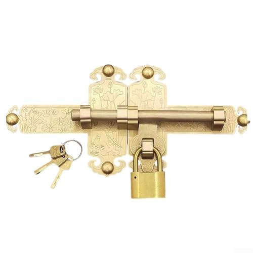 Gdfnmogo Perno de latón antiguo con diseño de loto, cerradura de jardín vintage para puertas de madera, pestillo de seguridad decorativo con llaves y tornillos (latón)