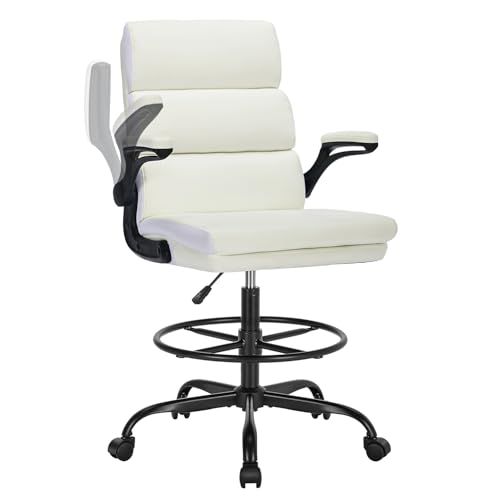 Image of Drafting Chair Tall Office Chair with Padded Flip-up Armrests Executive Ergonomic Computer Standing Desk Chair with Comfortable Leather Backrest and Adjustable Footrest Ring (White)