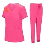 ACTIVE UNIFORMS Women's Jogger Scrub Set 10 Pockets Stretch Medical Scrub Top and Pant Nursing Uniforms (Hot Pink, X-Large)