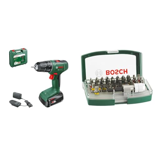 Bosch Home and Garden Cordless Drill EasyDrill 18V-40 (1 Battery 2.0 Ah, 18 Volt System) + 32pc. Screwdriver Bit Set (PH-, PZ-, Hex-, T-, TH-, S-Bit, Accessories)