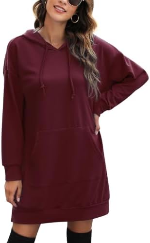 Litherday Damen Hoodie Lang Sweatshirts mit Kapuze Langarm Kapuzenpullover Kleid Sweatkleid Casual Minikleid mit Taschen