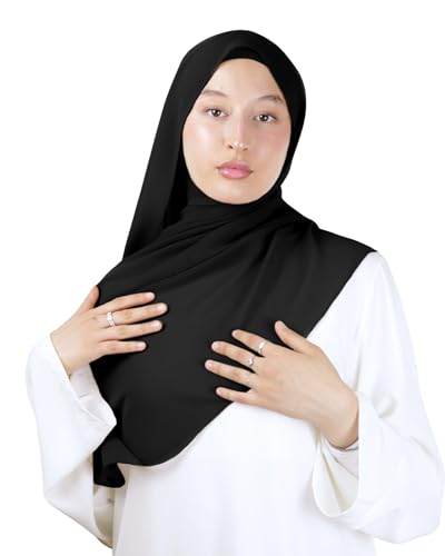 Hijab à Enfiler avec cagoule intégré en crêpe de luxe pour femme musulmane voilée châle islamique voile enfilable HE210 (Noir 2)
