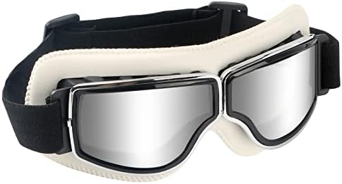 GGBuy Motorcycle Goggles Vintage Anti Fog Pilot Glasses Dustproof ATV Off Road Motorbike Helmet Eyewear Protect for Ridding Motorcross Classes Aviator Goggles (White-Silver Lens)