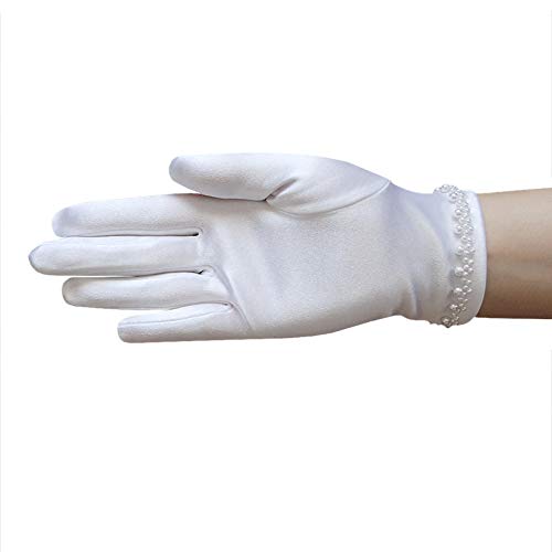 Girl's Satin Gloves with pearl bead edging around the Wrist/White2