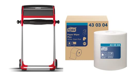Tork Industrial Floor Stand Paper Towel Roll Dispenser Red - W1 + Refill - Paper Wiper Plus White, 1 x 800 Sheets
