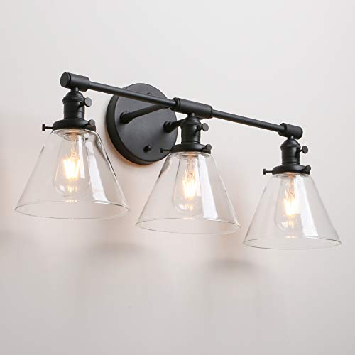Image of Permo Vintage Industrial Antique Three-Light Wall Sconces with Funnel Flared Clear Glass Shade (Black)