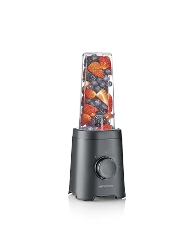 Severin Batidora y mezcladora de batidos Mix & Go, 2 vasos con tapa para beber de 600 ml, aptos para lavavajillas, 2 potencias, cuchillas de acero inoxidable, autolimpieza, 320 W, negro, SM 3743