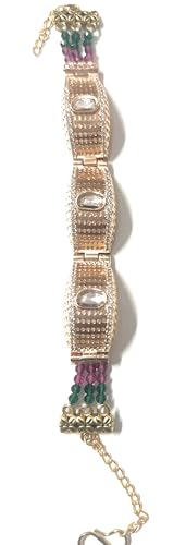 Image of Rakhi style Vintage Crystal Bracelet with Rose Gold Finish, Green and Purple Beads, Chain Link Design