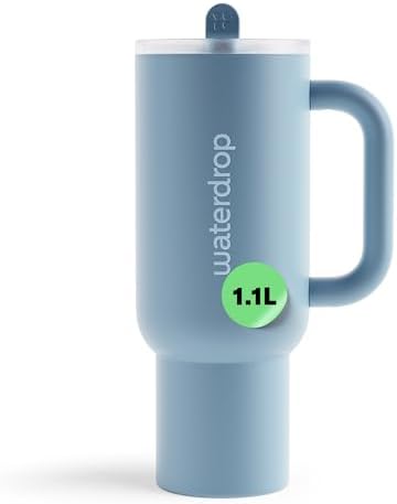 waterdrop® Thermobecher mit Strohhalm 1,1L – Auslaufsichere, robuste Trinkflasche mit aufklappbarem Trinkhalm, Hält 12h kalt, Trinkbecher mit Deckel, isolierte Edelstahlflasche