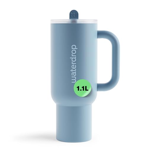 waterdrop® Thermobecher mit Strohhalm 1,1L – Auslaufsichere, robuste Trinkflasche mit aufklappbarem Trinkhalm, Hält 12h kalt, Trinkbecher mit Deckel, isolierte Edelstahlflasche
