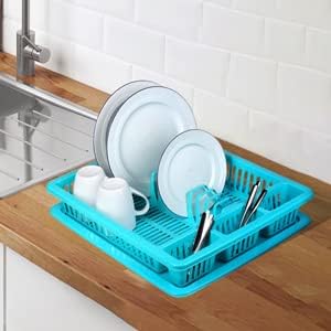 METALLIC TURTLE Large Plastic Dish Drainer Plate Cutlery Rack Kitchen Sink Utensil Draining Cup Holder (45.5 x 35 x 8cm, Blue)