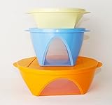 Original Tupperware Tupperware New Mediterrano Schüssel 600ml Gelb + 1,5L Blau + 2,5L Orange Servierschüssel Salatschüssel + 500ml Diamant Schüssel