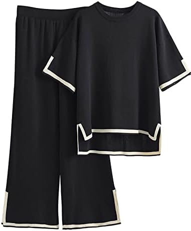 Tanming Sweater Sets Women 2 Piece Lounge Sets Short Sleeve Knit Pullover Tops Wide Leg Pants
