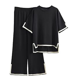 Tanming Sweater Sets Women 2 Piece Lounge Sets Short Sleeve Knit Pullover Tops Wide Leg Pants