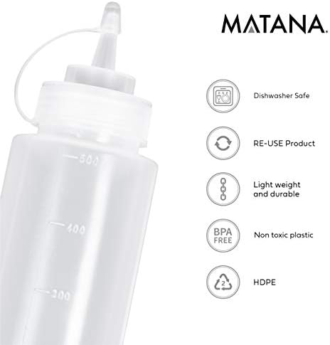 MATANA - 4 Squeeze Sauce Bottles with Lids for Syrup Oil Ketchup Mustard Condiments, Paint Storage - BPA Free, 500ml/16oz