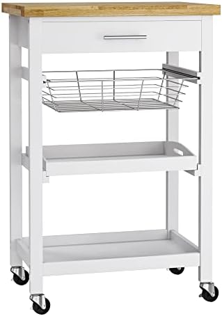 FOREHILL Kitchen Trolley with Worktop and Storage Rolling Utility Cart Kitchen Island on Wheels with Drawer, Mesh Basket, Tray 58x40x88.5cm