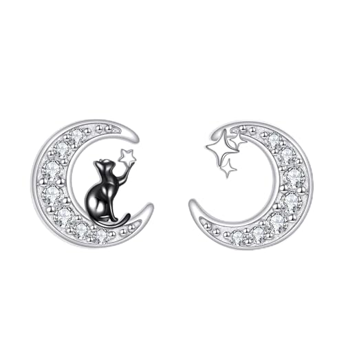 Moon Cat Earrings Sterling Silver Black Cat Stud Earrings Moon Animal Jewelry for Women Mom