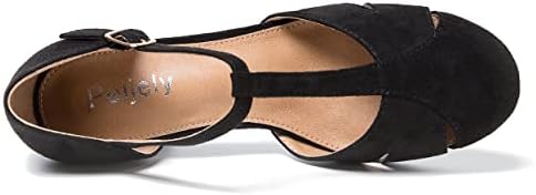 Peijely Womens T Strap Mary Jane Shoes Chunky Block Heel Cut Out Ankle Strap Buckle Dress Dance Pumps Suede Black 44 - US 11 | Image 3