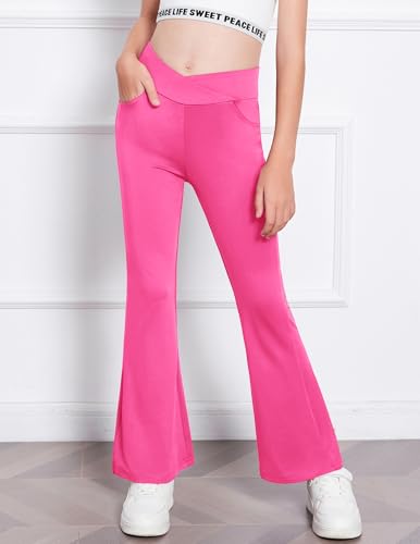 Image of Zaclotre Girls Flare Leggings High Waisted Yoga Pants with Pockets 5-16 Y | Kid Bell Bottoms, Wide Leg Pant, School Uniform, Casual Clothes, V Crossover Waist, Stretchy, Athletic, Dance