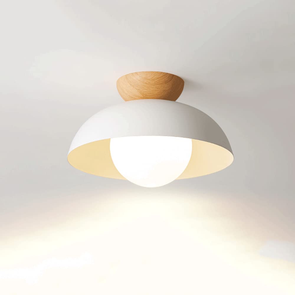 Elksdut Semi Flush Mount Ceiling Light, Modern Ceiling Light With Opaline Glass Shade & Wood Grain Metal Base Layer, Flush Mount Light Fixture For Dining Room, Bedroom, Cafe, Bar, Hallway, Passway