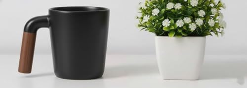 ALCOACH Mug - 12 oz Ceramic Coffee Cup with Dual Wood Handle Options, Scandinavian Inspired, High Durability, for Hot & Cold Drinks - Cloud Beech (Black)