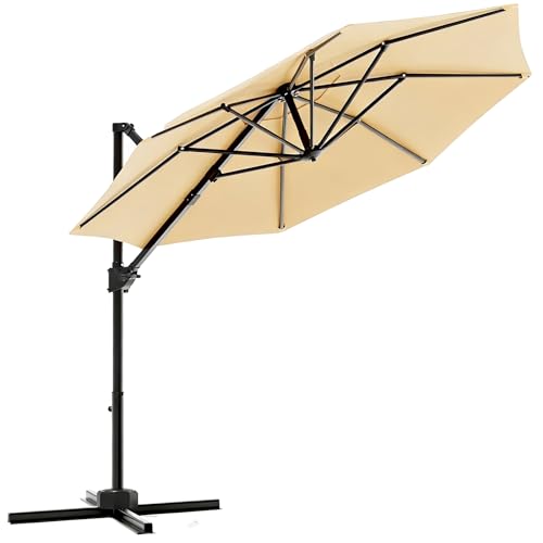 Image of Devoko 3.25x3.25m Garden Parasol with Crank Tilt, Cantilever Umbrella, Waterproof UV Resistant Outdoor Shade for Patio Lawn, Upgraded Metal Pole, 8 Ribs Aluminium Frame, Includes Cover,Beige