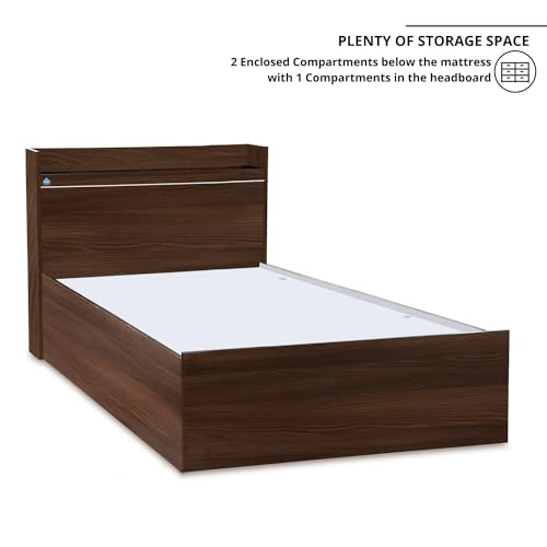 Image of DELITE KOM | 1 Year Warranty | Single Bed, Cherry Engineered Wood Bed with Box Storage & with Headboard Shelf Storage, Wooden Bed (83x37 Inches) | Installation Included | Color - Acacia Dark