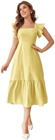 Shasmi Girl's & Women's Solid Yellow Color Square Neck, Ruffle-Trimmed Hem Sleeveless, Ruffle Armhole and Casual Dress with Cinched Waist Vacation Outfits Woman (Dress 162 Yellow-2XL)