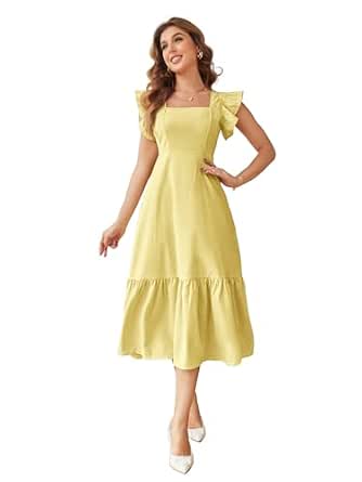 Shasmi Girl's & Women's Solid Color Square Neck, Ruffle-Trimmed Hem Sleeveless, Ruffle Armhole and Casual Dress with Cinched Waist Vacation Outfits Woman (Dress 162)