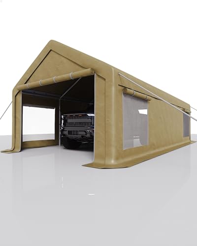 Image of GarveeLife 13x25 ft Carport with 10 Sandbags, Car Port with 220 g PE Tarp, 2 Roll-Up Doors, and 4 Windows, for Full-Size Pickups, Bass Boats, Tractors, and SUVs, Khaki