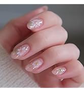 Tyuimhx White Flowers Press on Nails Short Almond Fake Nails Floral False Nails Glossy Full Cover...