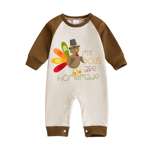 Karwuiio Thanksgiving Baby Boy Girl Outfit Turkey Jumpsuit Romper Long Sleeve Onesie Cute Fall Winter Clothes (Khaki 6-12 Months)