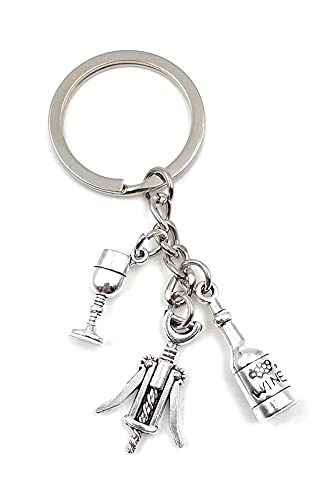 Onwomania Porte-clés en verre bouteille de vin tire-bouchon pendentif en métal argenté charme Cover