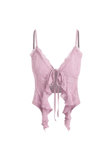 CIDER Going Out Tops for Women Y2K Tie Front Asymmetrical Ruffle Hem Lace Spaghetti Strap Cowgirl Crop Tops Pink