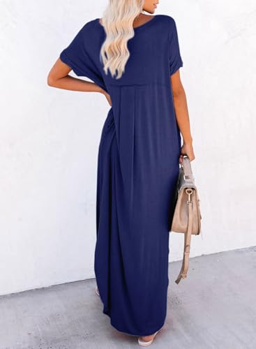 Image of Dokotoo Womens Casual Maxi Dresses Summer Dresses Coverups for Women Long T Shirt Dress Short Sleeve V Neck Sundress Plus Size Navy Blue Dress L